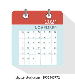 Calendar template for 2021 year. November. Week Starts Sunday.