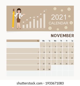 Calendar template for 2021 year. November. Week Starts Sunday.