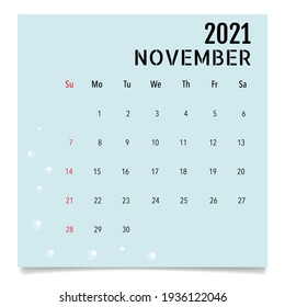 Calendar template for 2021 year. November. Week Starts Sunday.