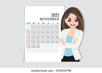 Calendar template for 2021 year. November. Week Starts Sunday.