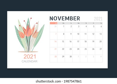Calendar template for 2021 year. November. Week Starts Sunday.