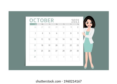 Calendar template for 2021 year. October. Week Starts Sunday.