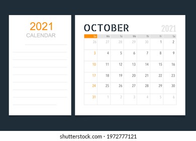 Calendar template for 2021 year. October. Week Starts Sunday.