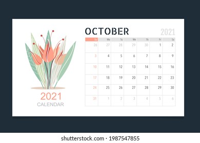 Calendar template for 2021 year. October. Week Starts Sunday.