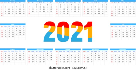 Calendar template for 2021 year on white background. Planner diary in a minimalist style. Corporate and business calendar. 2021 calendar in minimal table, Week Starts Sunday Vector illustration.