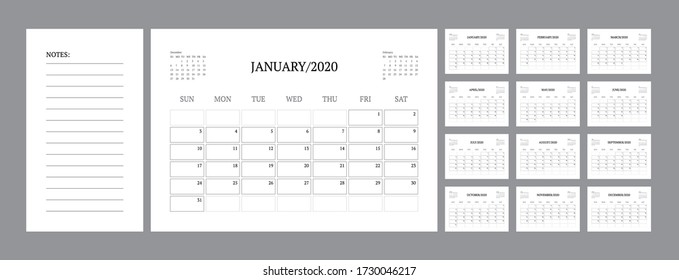 Calendar template for 2021 year. Planner diary in a minimalist style. Corporate and business calendar. 2021 calendar in minimal white  color event planner, Week Starts Sunday