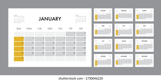 Calendar template for 2021 year. Planner diary in a minimalist style. Corporate and business calendar. 2021 calendar in minimal table and white and yellow color event planner, Week Starts Sunday