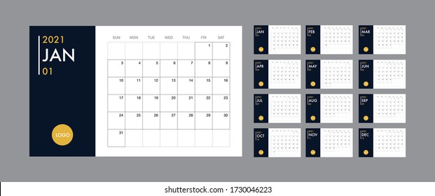 Calendar template for 2021 year. Planner diary in a minimalist style. Corporate and business calendar. 2021 calendar in minimal table and blue and yellow color event planner, Week Starts Sunday