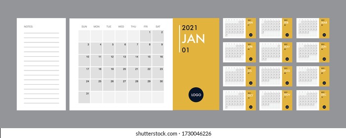 Calendar template for 2021 year. Planner vector diary in a minimalist style. Corporate and business calendar template. Day planner for records throughout the year. Week start on Sunday