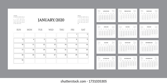 Calendar template for 2021 year. Planner diary in a minimalist style. Corporate and business calendar. 2021 calendar in minimal table and blue and yellow color event planner, Week Starts Sunday