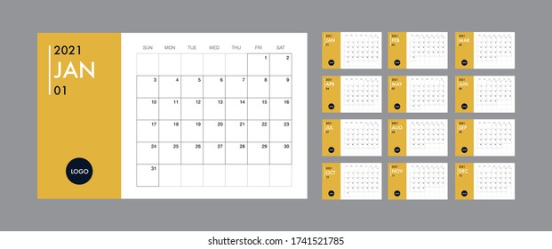 Calendar template for 2021 year. Planner diary in a minimalist style. Corporate and business calendar. 2021 calendar in minimal table and blue and yellow color event planner, Week Starts Sunday