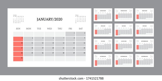 Calendar template for 2021 year. Planner diary in a minimalist style. Corporate and business calendar. 2021 calendar in minimal table and blue and yellow color event planner, Week Starts Sunday