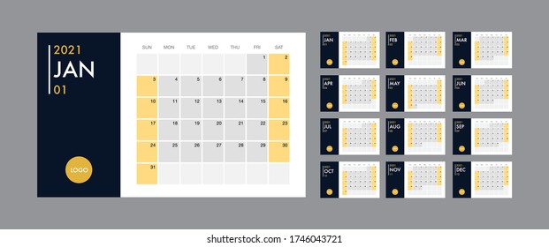 Calendar template for 2021 year. Planner vector diary in a minimalist style. Corporate and business calendar template. Day planner for records throughout the year.