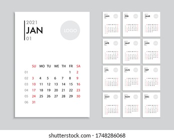 Calendar template for 2021 year. Planner vector diary in a minimalist style. Corporate and business calendar template. Day planner for records throughout the year. Week start on Sunday