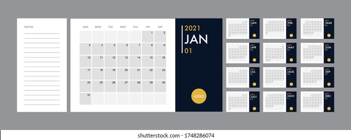 Calendar template for 2021 year. Planner diary in a minimalist style. Corporate and business calendar. 2021 calendar in minimal table and blue and yellow color event planner, Week Starts Sunday