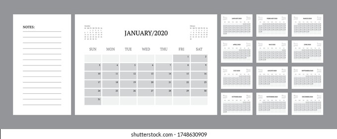 Calendar template for 2021 year. Planner vector diary in a minimalist style. Corporate and business calendar template. Day planner for records throughout the year. Week start on Sunday