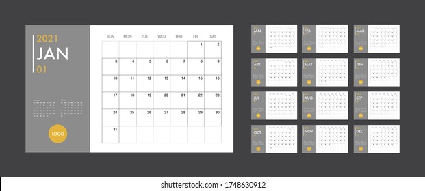 Calendar Template For 2021 Year. Planner Vector Diary In A Minimalist Style. Corporate And Business Calendar Template. Day Planner For Records Throughout The Year. Week Start On Sunday