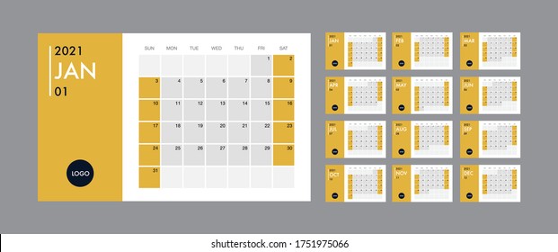 Шаблон календаря на 2021 год. Дневник планировщика в минималистическом стиле. Корпоративный и деловой календарь. Календарь на 2021 год в минимальной таблице и сине-желтого цвета планировщик мероприятий, неделя начинается в воскресенье