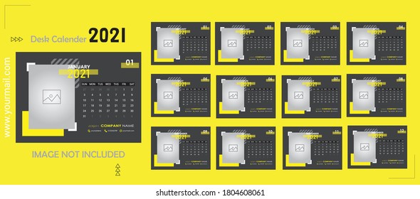 Calendar template for 2021 year, Planner diary in a minimalist style, Corporate and business calendar, 2021 calendar in minimal table and blue and yellow color event planner, Week Starts Sunday.