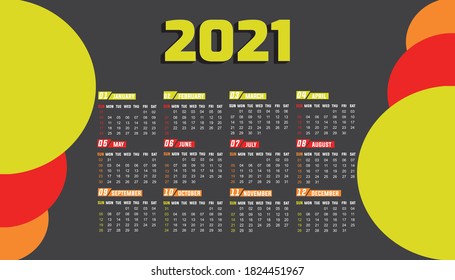 calendar template for the 2021 year. Planner diary in a minimalist style. The week starts on Sunday. Monthly calendar ready for print. Creative, Professional Calendar design 2021.