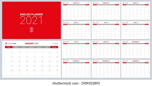 Plantilla del calendario para 2021 año. Diario de planificación de estilo minimalista. Calendario corporativo y comercial. Calendario de 2021 en el planificador mínimo de eventos de color rojo de la tabla, Semana empieza el domingo