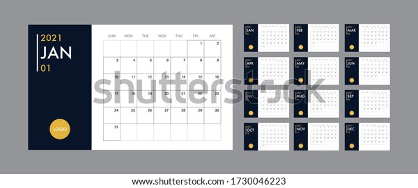 Calendar template for 2021 year. Planner diary in\
a minimalist style. Corporate and business calendar. 2021 calendar\
in minimal table and blue and yellow color event planner, Week\
Starts Sunday