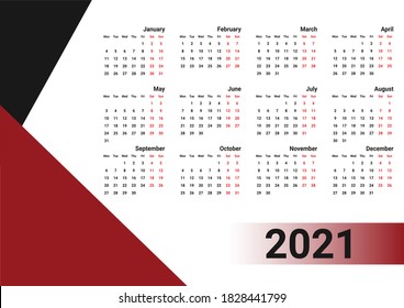 Calendar template for 2021 year in red and black colors. Week Starts on Monday.Vector illustration
