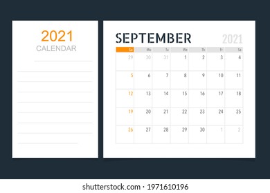 Calendar template for 2021 year. September. Week Starts Sunday.