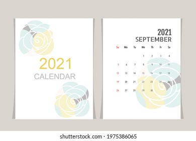 Calendar template for 2021 year. September. Week Starts Sunday.