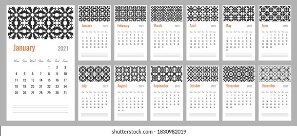Calendar template of 2021 year with space for notes, decorated with geometric repeat patterns.  Event planner with black & orange color theme. Week starts on Monday