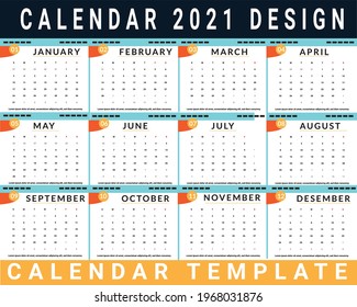 Calendar template for 2021 year. Table and blue and yellow, sky color event planner. Week Starts Sunday