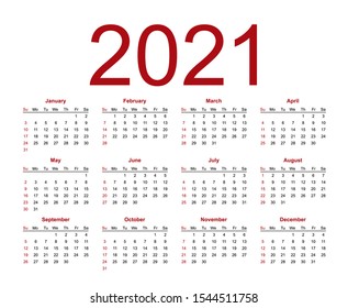 Calendar template for 2021 year. Week starts from Sunday. Isolated vector illustration on white background.