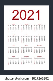 Plantilla del calendario para 2021 año. La semana comienza el domingo. Vertical. Ilustración vectorial aislada sobre fondo blanco.