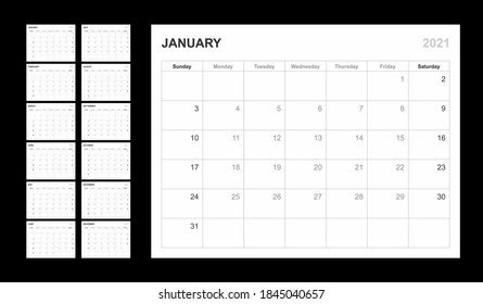 Calendar template for 2021 year. Week starts on Sunday . Planner diary in a minimalist style. Corporate and business calendar. Organizer. Monthly calendar. Daily planner.