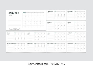 Plantilla del calendario para 2021 año. La semana empieza el domingo.
