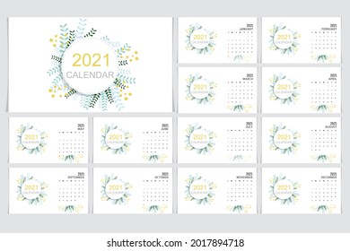 Calendar template for 2021 year. Week Starts Sunday.