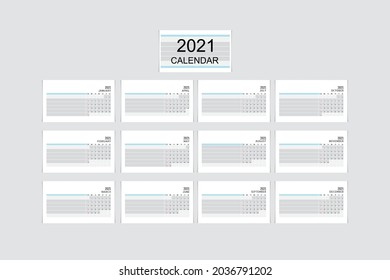 Plantilla del calendario para 2021 año. La semana empieza el domingo.