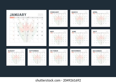 Plantilla del calendario para 2021 año. La semana empieza el domingo.