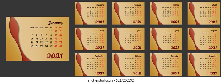 Calendar template for 2021 year in yeloow-brown colors. Week Starts on Monday. Vector illustration