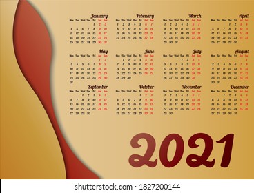 Calendar template for 2021 year in yeloow-brown colors. Week Starts on Monday. Vector illustration