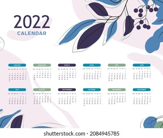 Kalendervorlage 2022 in handgezeichneten Blättern und Kirschen