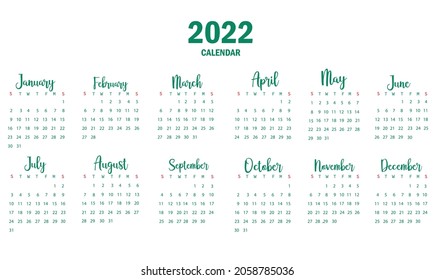 Calendar template for 2022, January to December with the week starting on Sunday. eps 10, the natural leaf theme is easy to apply to all media