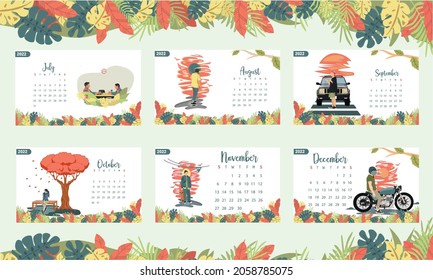 Calendar template for 2022, July to December with the week starting on Sunday. with the addition of simple illustrations and eps 10, the natural leaf theme is easy to apply to all media