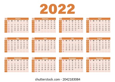 Plantilla de calendario para 2022 en una tabla mínima y color amarillo. La semana empieza el domingo