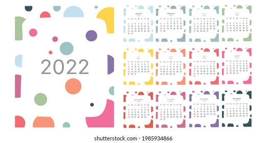 Calendar template for 2022, set of 12 months with cover. Week starts on Sunday. Bright abstract design with circles for each month its own color. Flat design illustration vector 