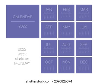 Calendar template for 2022. Square design in trendy 2022 color very peri. Desk or wall calendar 12 months with cover. Vector mesh. Week starts on Monday.