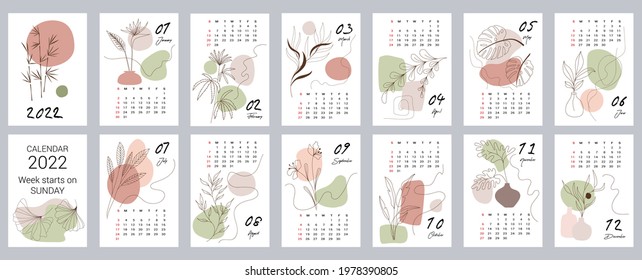 Calendar template for 2022. Vertical design with abstract floral natural patterns. Editable vector illustration, set of 12 months with cover. Week starts on Sunday.