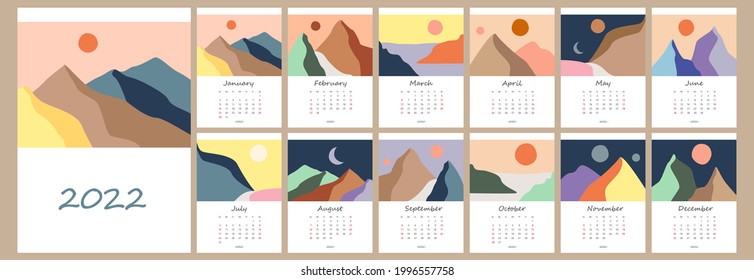 Calendar template for 2022. Vertical design with abstract natural boho landscapes. Editable illustration page template A4, A3, set of 12 months with cover. Vector mesh. Week starts on Sunday.