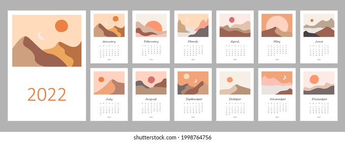 Calendar template for 2022. Vertical design with abstract natural boho landscapes. Editable illustration page template A4, A3, set of 12 months with cover. Vector mesh. Week starts on Sunday.