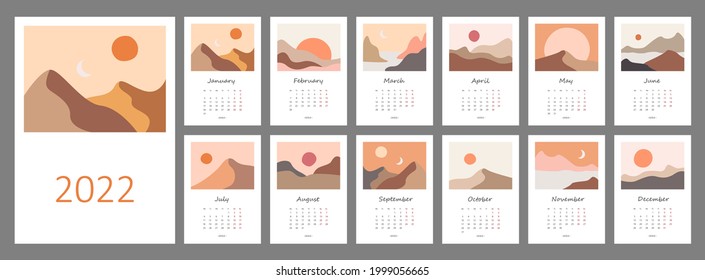 Calendar template for 2022. Vertical design with abstract natural boho landscapes. Editable illustration page template A4, A3, set of 12 months with cover. Vector mesh. Week starts on Monday.